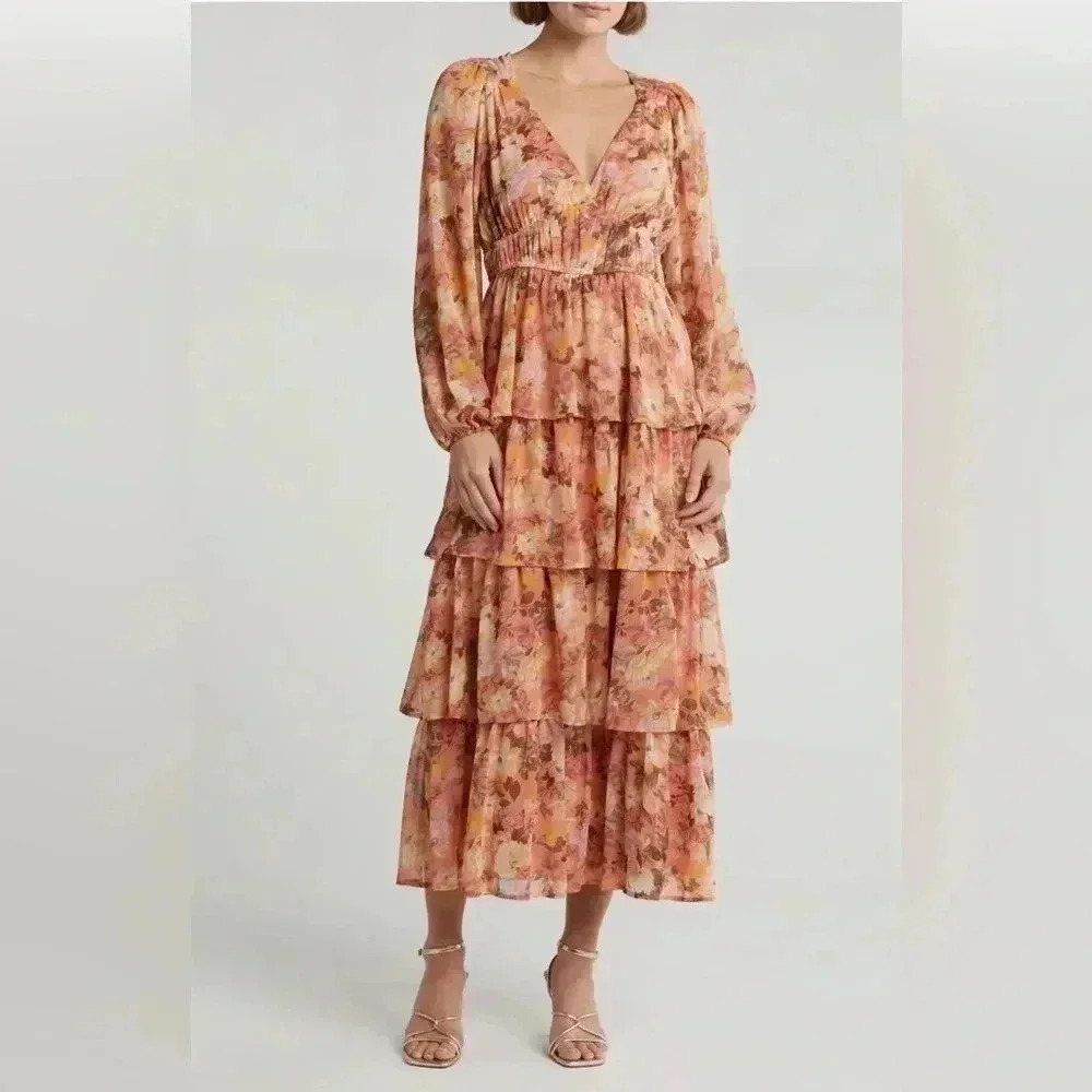 Lush Tiered Long Sleeve Maxi Salmon Yellow Floral Print Dress Size Small